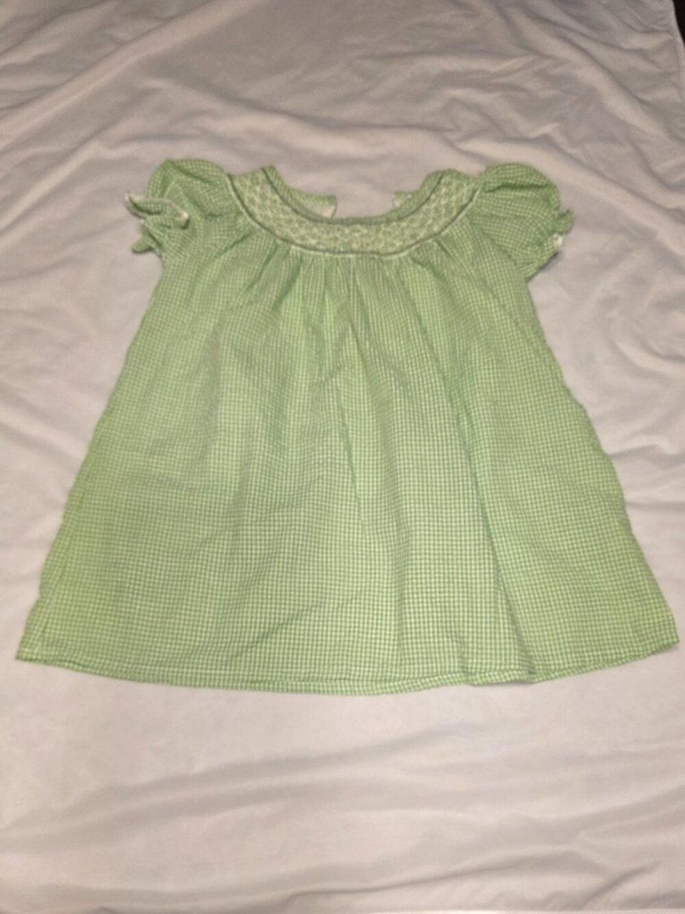 Sunshine Swing Girls Dress Smocked Ruch Size 5 Green Stripes Seersucker Gingham